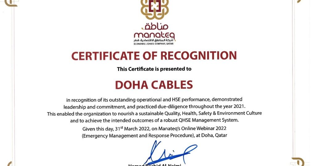 DOHA CABLES performance recognition by Manateq